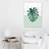 LaLe Living Bild Leinwanddruck mit Monstera Deliciosa Pflanzen Motiv auf Marmor in A3 / A4