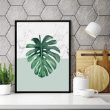 LaLe Living Bild Leinwanddruck mit Monstera Deliciosa Pflanzen Motiv auf Marmor in A3 / A4