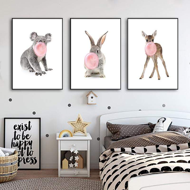 LaLe Living Bild Leinwanddruck Bambi mit rosa Kaugummiblase A3 / A4