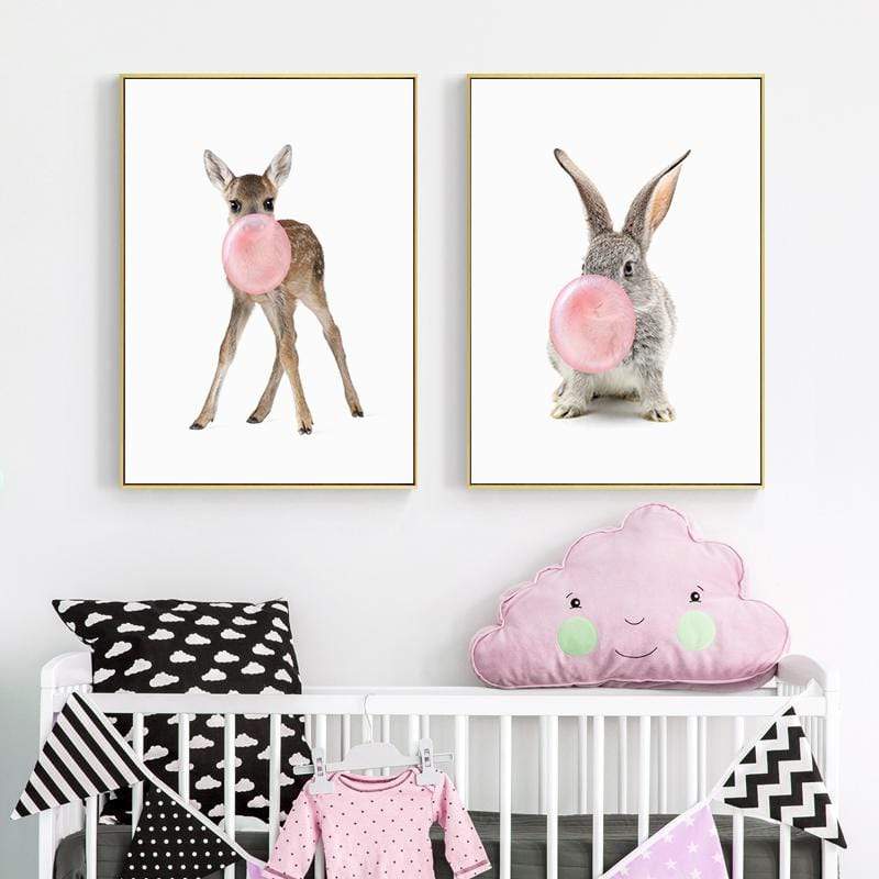 LaLe Living Bild Leinwanddruck Bambi mit rosa Kaugummiblase A3 / A4