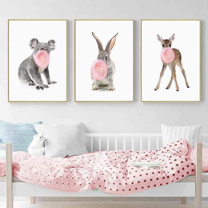 LaLe Living Bild Leinwanddruck Bambi mit rosa Kaugummiblase A3 / A4