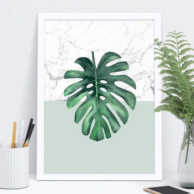LaLe Living Bild Leinwanddruck mit Monstera Deliciosa Pflanzen Motiv auf Marmor in A3 / A4